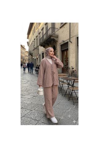 Maşuka Yazlık Keten Kumaş Kimono Ve Pantolon İkili Takım - Rahat Ve Şık Tasarım Gül Kurusu Gül Kurusu