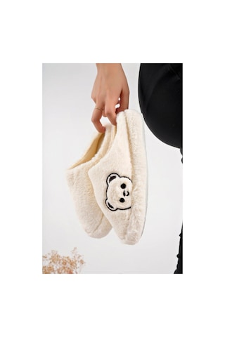 Modafocus Tatlı Ayıcık Peluş Kadın Ev Terliği - Krem Krem