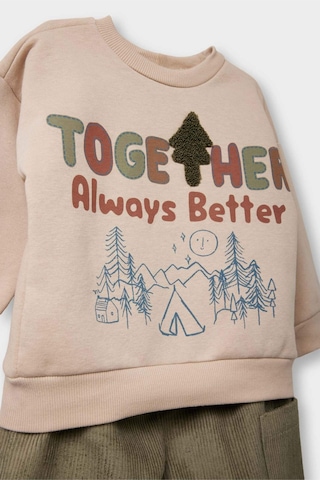 Defacto Erkek Bebek 2li Takım Kadife Baskılı Sweatshirt Pantolon F7594a525wnbg775 Bej