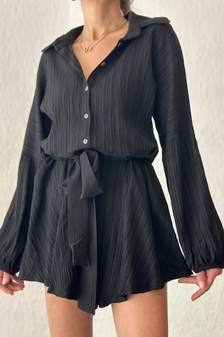 Fashion Cocktail Uzun Kol Casual Kabartma Kumaş Yakalı Düğmeli Boyfriend Gömlek Stil Şortlu Tulum Siyah