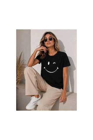 Butik İstanbul Minimal Gülümseyen Yüz Baskılı Tişört Kısa Kol Yazlık T-shirt - Siyah