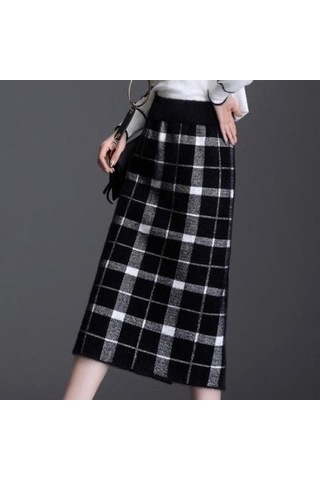 Sonbahar Kış Kadın Örme Etek Kadın Etek Yüksek Bel Kalınlaşmak Taklit Vizon Kadife Ince Orta Uzunlukta Tek Adım Etek Siyah&grı Siyah - Gri