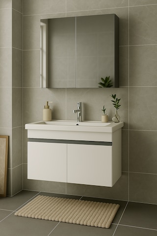 Arista 80 Cm Beyaz Mdf, Seramik Lavabolu, Banyo Dolabı Takımı Beyaz