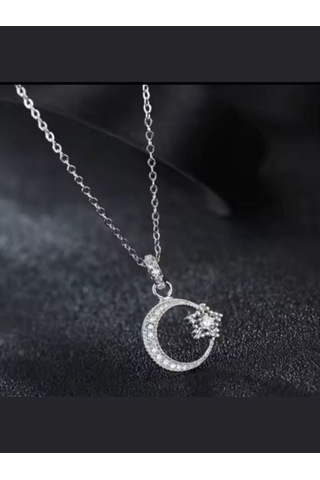 925 Ayar Gümüş Kristal Taşlı Ay Yıldız Kolye