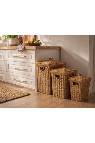 3 Lü Set 3 Boy Hasır Kapaklı Kare Patates Soğan Mutfak Sunum Sebzelik Örgü Sepeti Dekor Şemsiyelik Çok Amaçlı Açık Ahşap