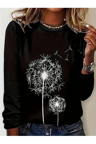 Kadın Uzun Kollu Bisiklet Yaka Çiçek Desenli Viskon Bluz Siyah