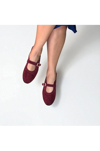 Ne&ve Shoes Bordo Süet Hakiki Deri Tokalı Kadın Babet