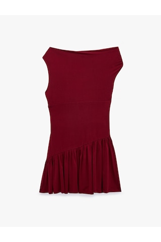Koton Sandy Kumaş Kolsuz Omzu Açık Asimetrik Madonna Yaka Mini Elbise Bordo 7wak80048ek