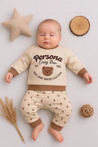Veraura Lifestyle Persona Bear Nakışlı % 100 Pamuk 2'li Erkek Bebek Takım KREM