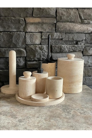 Yeni Traverten 8'li Banyo Seti Kendinden Tutmalı Kapaklar Beyaz