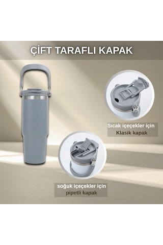 Pipetli Termos Bardak 900 Ml Paslanmaz Çelik -çift Kullanımlı Kapak Gri