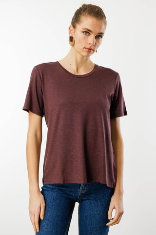Kadın Sıfır Yaka Flamlı Kumaş Penye Tshirt Kahve Kahve