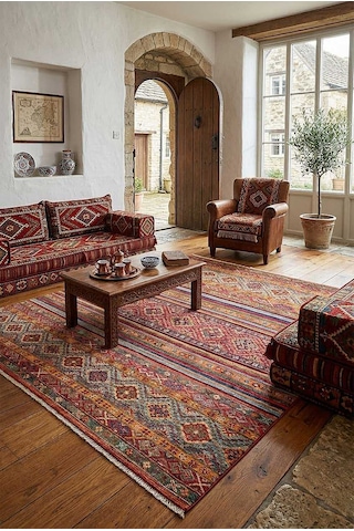 Etnik Kilim Desenli Pamuk Taban Yıkanabilir Baskılı Dekoratif Halı Kırmızı