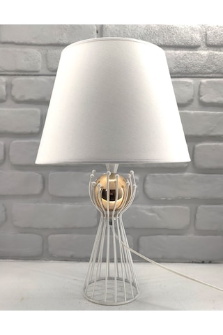 Beyaz Gold Renk Toplu Sude Model Metal Ayak Kumaş Şapkalı Abajur Beyaz