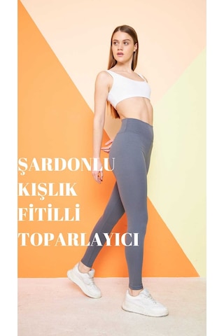 Haki Yüksek Bel Fitilli Toparlayıcı İnterlok Örme Şardonlu Spor Kışlık Tayt Antrasit