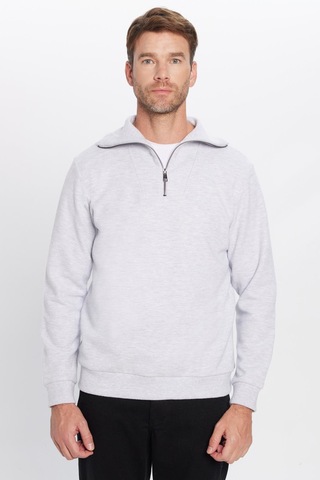Tudors Unisex Relax Fit Rahat Kesim Fitilli Desenli Pamuklu Yarım Fermuarlı Gri Dik Yaka Sweatshirt-31991 Gri
