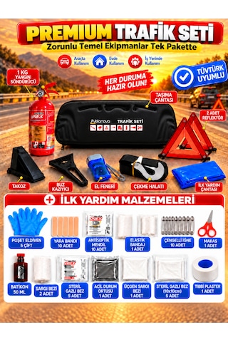 Trafik Ve İlk Yardım Seti Tüvtürk Muayene Uyumlu Ce Belgeli Abc 1kg Yangın Söndürücü Ve E Belgeli Reflektör-siyah