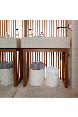 Ikili Dekoratif Jüt Saplı Hasır Sepet Saksı 30 Cm Ve 25 Cm , Dekoratif Saksı Ve Havluluk Beyaz