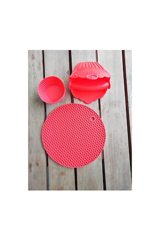 3 Parça Silikon Mutfak Gereçleri Isıya Dayanıklı Set Fırın Eldiveni + Nihale + Cupcake Kalıbı Kırmızı