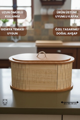 Geleneksel Tasarım Kapaklı Büyük Ekmeklik Oval Ahşap Ekmek Sepeti Akça Desenli Çok Renkli