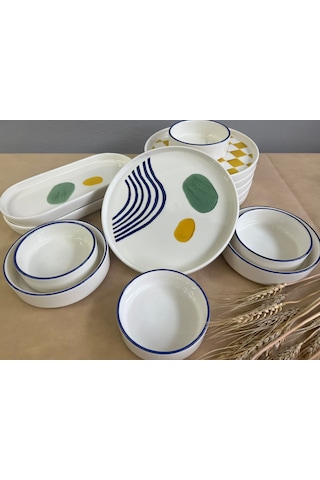 Kevin Seramik Modern Hand Made 14 Parça 6 Kişilik Lüxs Kahvaltılık Sunum Tabağı Seti Mavi - Sarı - Yeşil