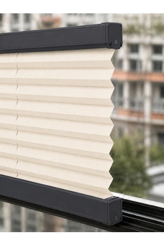 Plise Perde Krem Kumaş + Antrasit Profil Kasa Cam Balkon Perdesi