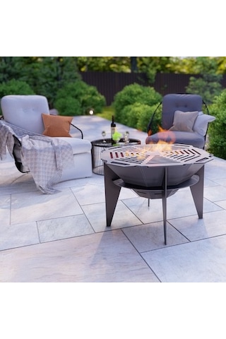 Oktagon Barbekü Izgaralı Ateş Çukuru Ayaklı Bahçeniz İçin Dekorat Siyah