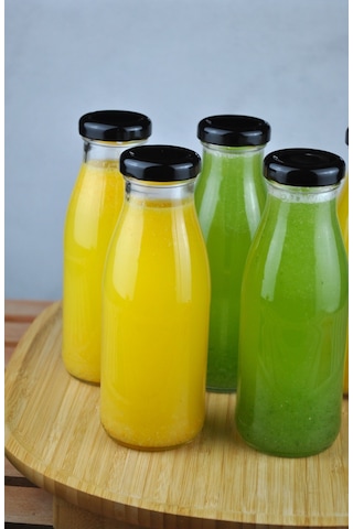 5 Adet Cam Şişe Meyve Suyu Ayran Detoks Şişesi 250 Ml Siyah Metal Kapaklı Şişe