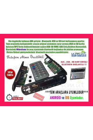 Bluetoothlu Oto Teyp Usb Sd Çevirici Aux Kumandalı Mikrofonlu