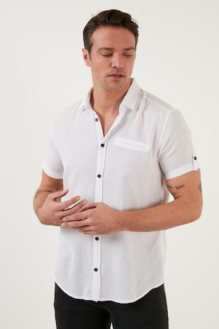Buratti % 100 Pamuk Keten Görünümlü Slim Fit Kısa Kollu Erkek Gömlek Cf21S111766 Beyaz