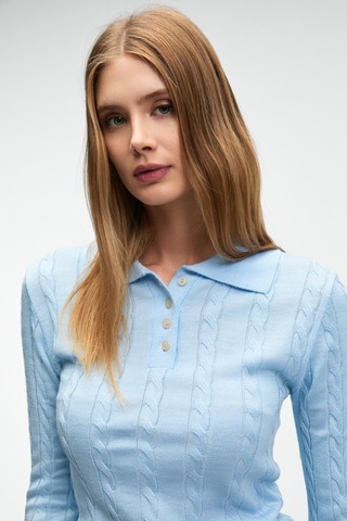 Grımelange CASTANA Kadın Polo Yaka Düğmeli Regular Fit Triko Mavi Kazak