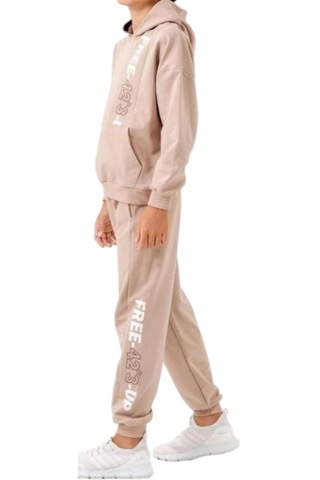 Erkek Çocuk Free Koordinat Yazılı Kapüşonlu Kanguru Cepli Bej Renk Eşofman Takımı Bej