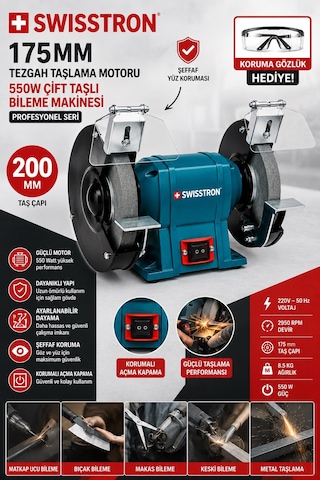 Swisstron SWS200BN Swiss Professional Endüstriyel Çift Taşlı Taşlama ve Bileme İstasyonu 200 MM