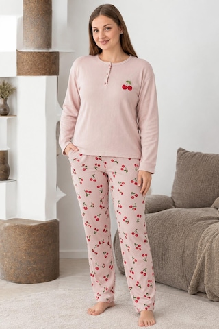 Boyraz Lindros Kadın Düğme Yaka Raporlu İnterlok Kışlık Battal Pijama Takımı 0268 - 1 Adet Pudra