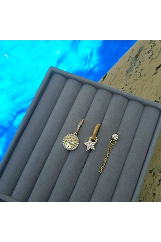 Mistik Figürlü Üçlü Çelik Küpe Gold