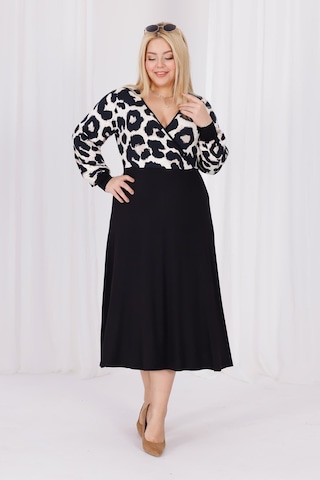 Kadın Vizon Siyah Leopar Desen Bloklu Kruvaze Yaka Balon Kol Büyük Beden Esnek Maxi Elbise Vizon