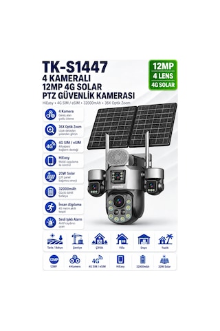 Tk-s1447 12mp 4 Kameralı 36x Optik Zoom 4g Esım Solar Ptz Kamera 32000mah Batarya 20w Panel