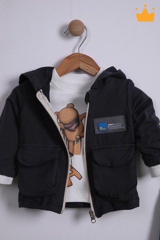 Babyhola 3'lü Kapüşonlu Hırka Badi Pantolon Erkek Bebek Çocuk Alt Üst Takım 001