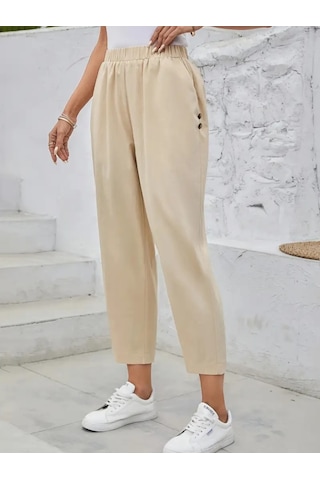 Munn Collection Kadın Yüksek Bel Yandan Cepli Düğme Detaylı Geniş Kesim Ithal Krep Pantolon Bej