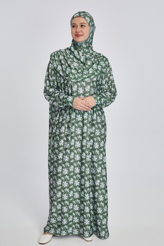 Pratik Tek Parça Manolya Desenli Namaz Elbisesi Haki