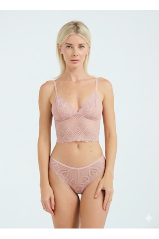Dantel Detaylı Esnek Bralet & Slip Takımı Pembe