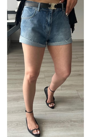 Katlama Detaylı Denim Şort Mavi