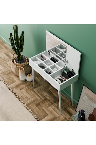 2220 Flora Düşer Kapaklı Aynalı Ahşap Ayaklı 80 Cm Makyaj Masası