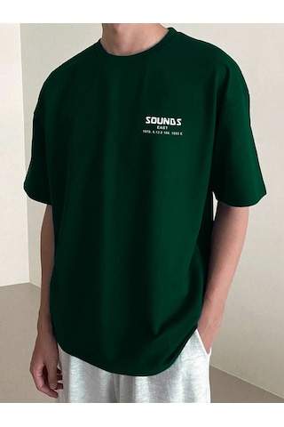 Erkek Nefti Yeşil Oversize Sea Son Baskılı Örme T-shirt Yeşil