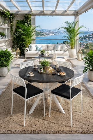 Siyah 4 Kişilik Minderli Balkon Takımı, Balkon Masası, Balkon Sandalyesi, Yuvarlak Masa, Yemek Masası, Mutfak Masa Sandalye Takımı, 4 Sandalye 1 Masa Siyah/beyaz-beyaz