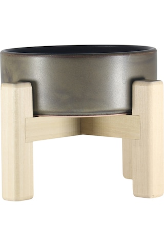 Yılmazel Seramik Mama Su Kabı Evcil Hayvanlar İçin Çift Taraflı Ahşap Ayaklı