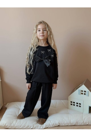 Miniko Kids Kız Çocuk Bayramlık Fiyonk Modelli Taşlı 2li Pamuk Takım Siyah