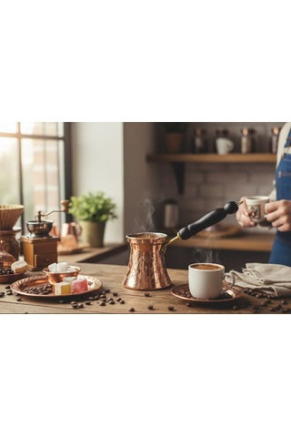 Ludıa İşlemeli Ahşap Saplı El Yapımı Eskitme Bakır Cezve M2