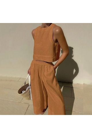 Rahat Yaz Iki Parçalı Set Kolsuz Kıyafetler O Boyun Üstleri Ve Gevşek Geniş Bacak Pantolon Seti Kadın Katı 2 Parça Takım Elbise Giysileri 27723 Kahverengi