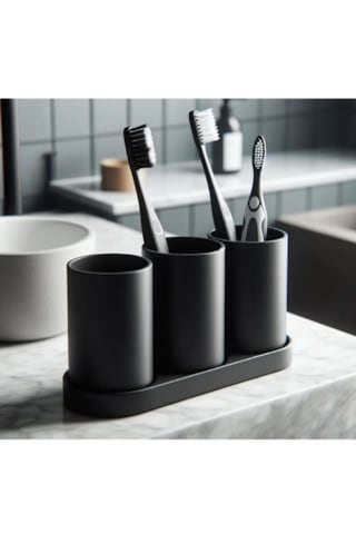 M2s Modern Mat Siyah 3'lü Diş Fırçalık Ve Banyo Organizeri Seti - Standlı Dekoratif Diş Macunu Standı Tezgah Üstü
